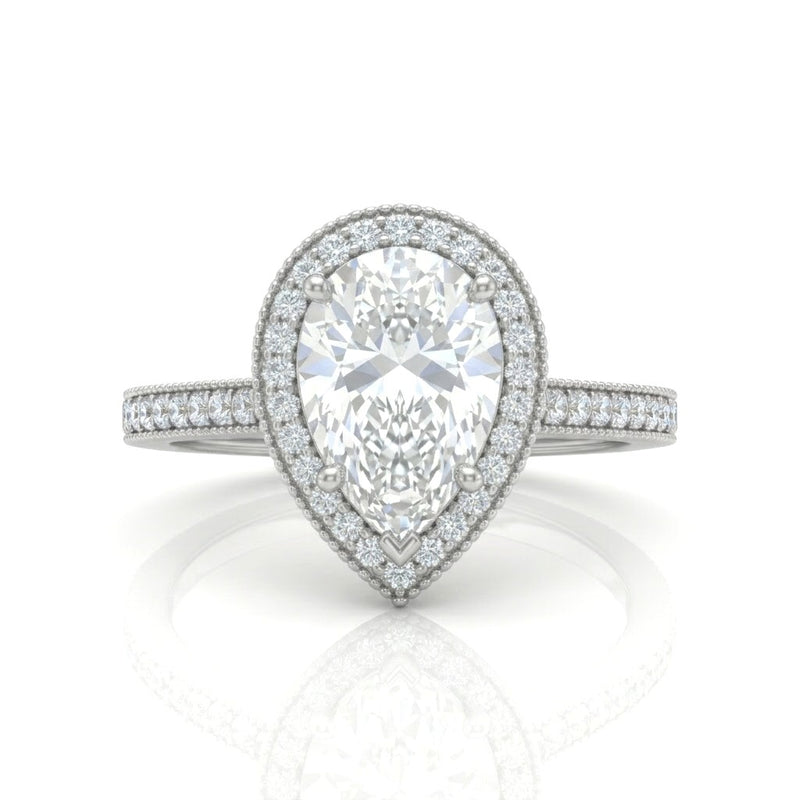 Silver Pear Diamond Halo Engagement Ring With Pave Band