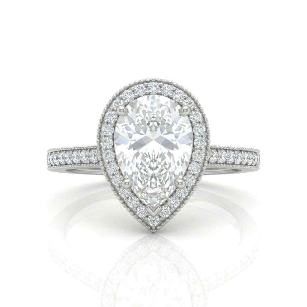 Silver Pear Diamond Halo Engagement Ring With Pave Band