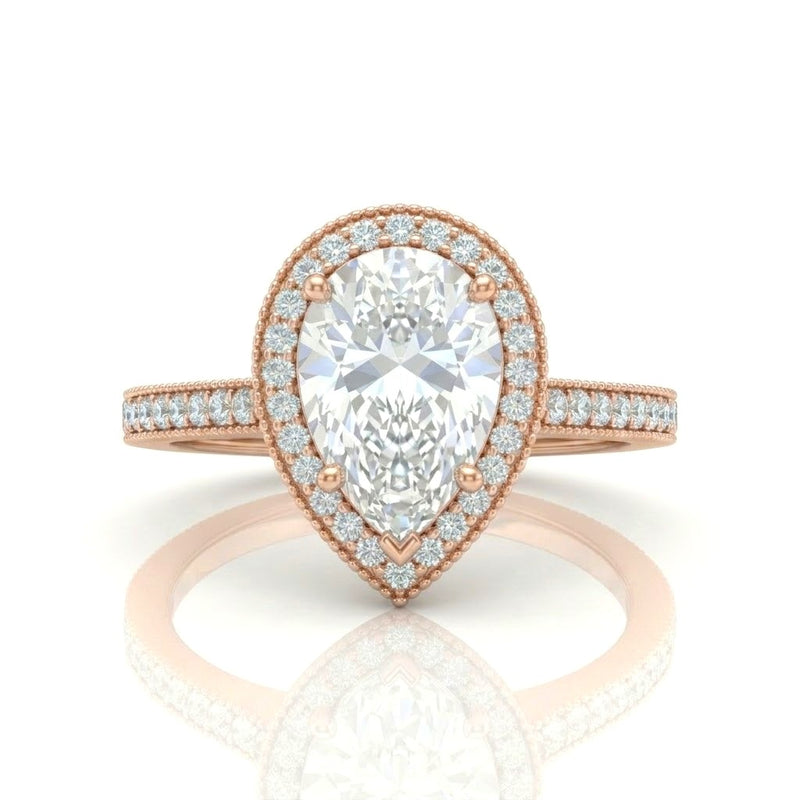 Rose Gold Pear Diamond Halo Engagement Ring With Pave Band
