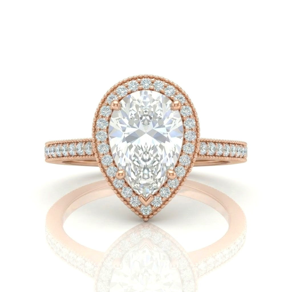 Rose Gold Pear Diamond Halo Engagement Ring With Pave Band