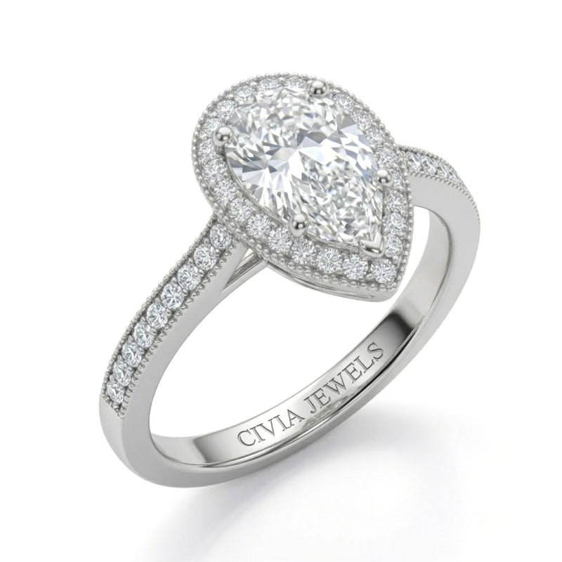 Silver Pear Diamond Halo Engagement Ring With Pave Band