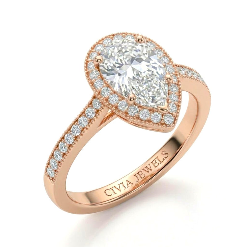 Rose Gold Pear Diamond Halo Engagement Ring With Pave Band