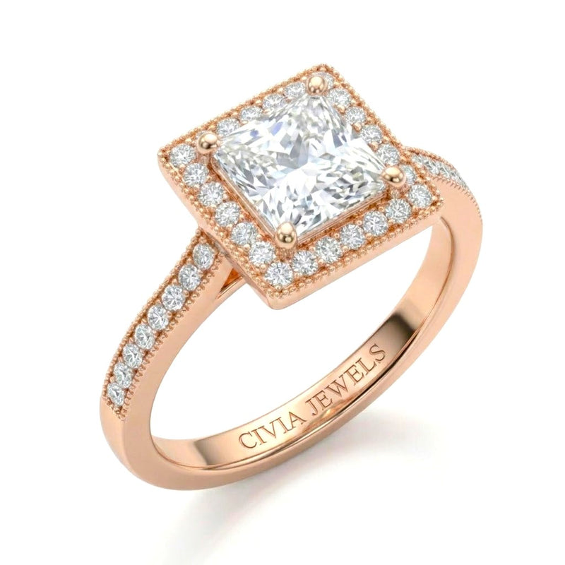 Rose Gold Princess Diamond Halo Engagement Ring With Pave Band