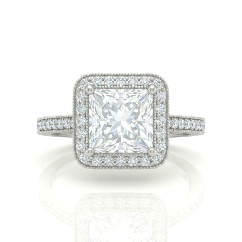 White Gold Princess Diamond Halo Engagement Ring With Pave Band