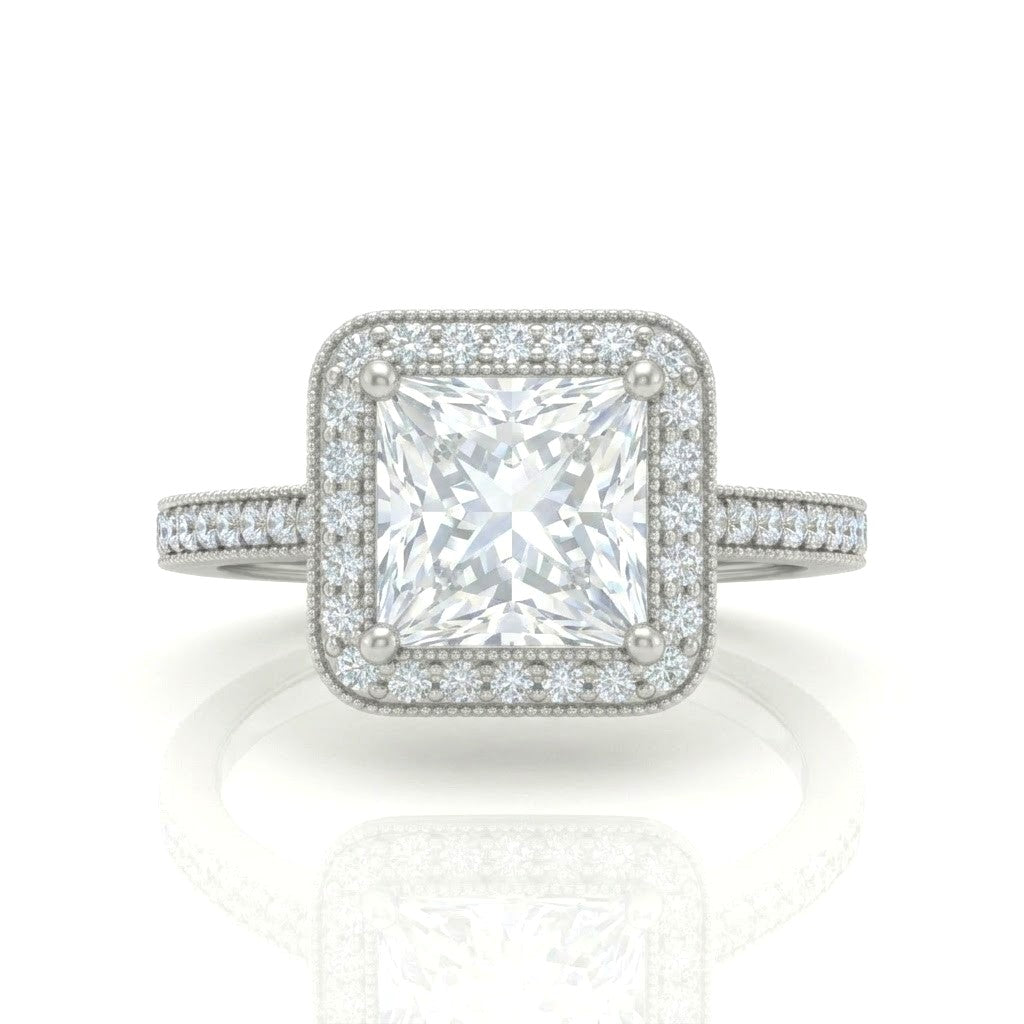 Silver Princess Diamond Halo Engagement Ring With Pave Band