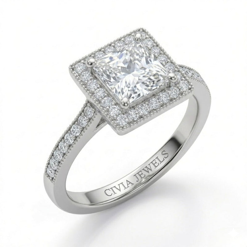 Silver Princess Diamond Halo Engagement Ring With Pave Band