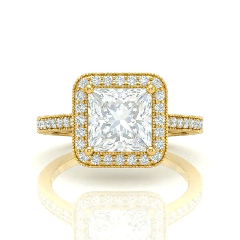 Yellow Gold Princess Diamond Halo Engagement Ring With Pave Band