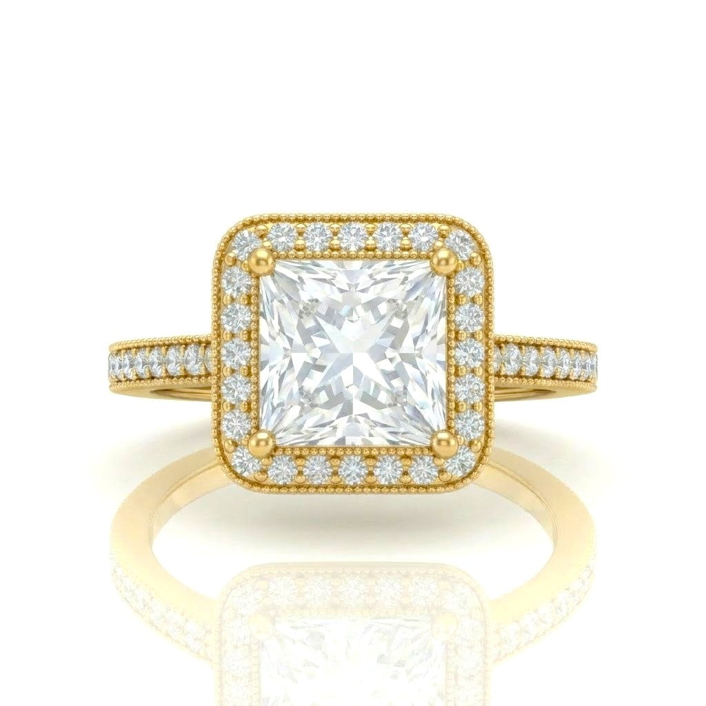 Yellow Gold Princess Diamond Halo Engagement Ring With Pave Band