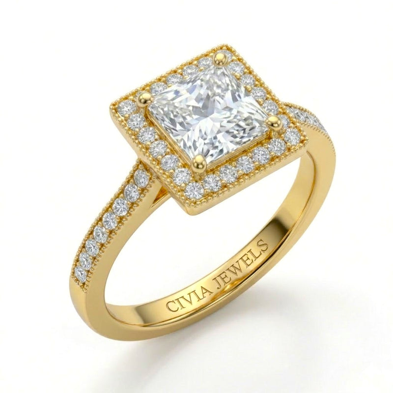 Yellow Gold Princess Diamond Halo Engagement Ring With Pave Band