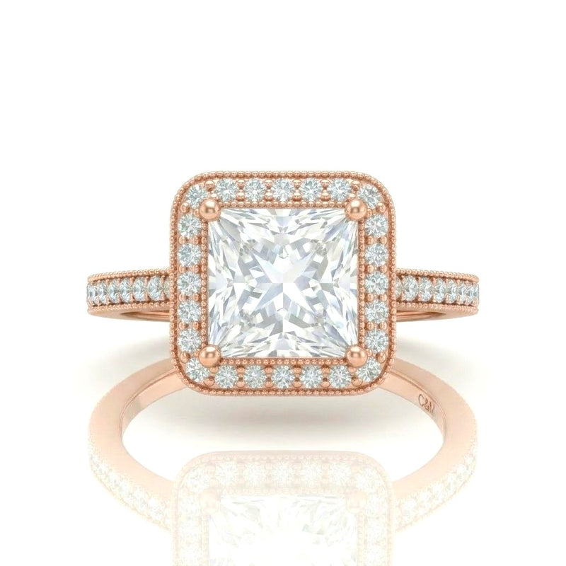 Rose Gold Princess Diamond Halo Engagement Ring With Pave Band