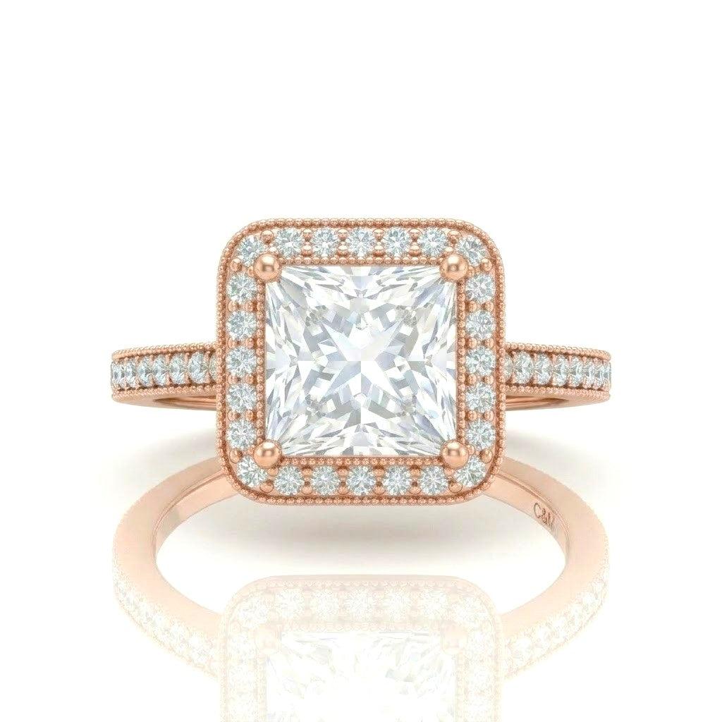 Rose Gold Princess Diamond Halo Engagement Ring With Pave Band
