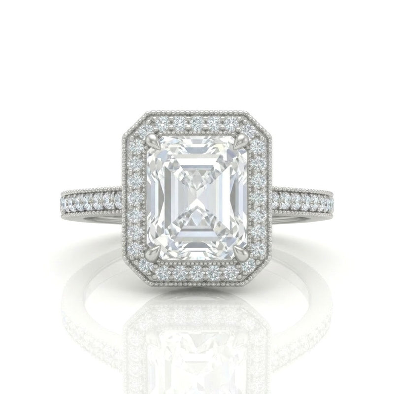 White Gold Radiant Diamond Halo Engagement Ring With Pave Band