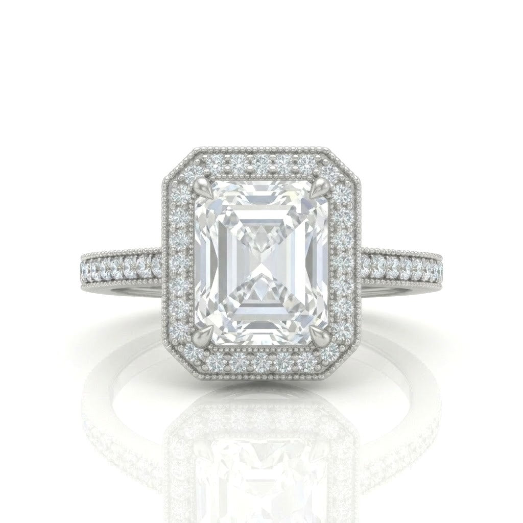 White Gold Radiant Diamond Halo Engagement Ring With Pave Band