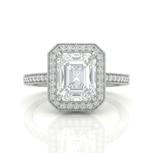 White Gold Radiant Diamond Halo Engagement Ring With Pave Band