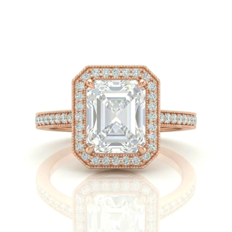 Rose Gold Radiant Diamond Halo Engagement Ring With Pave Band