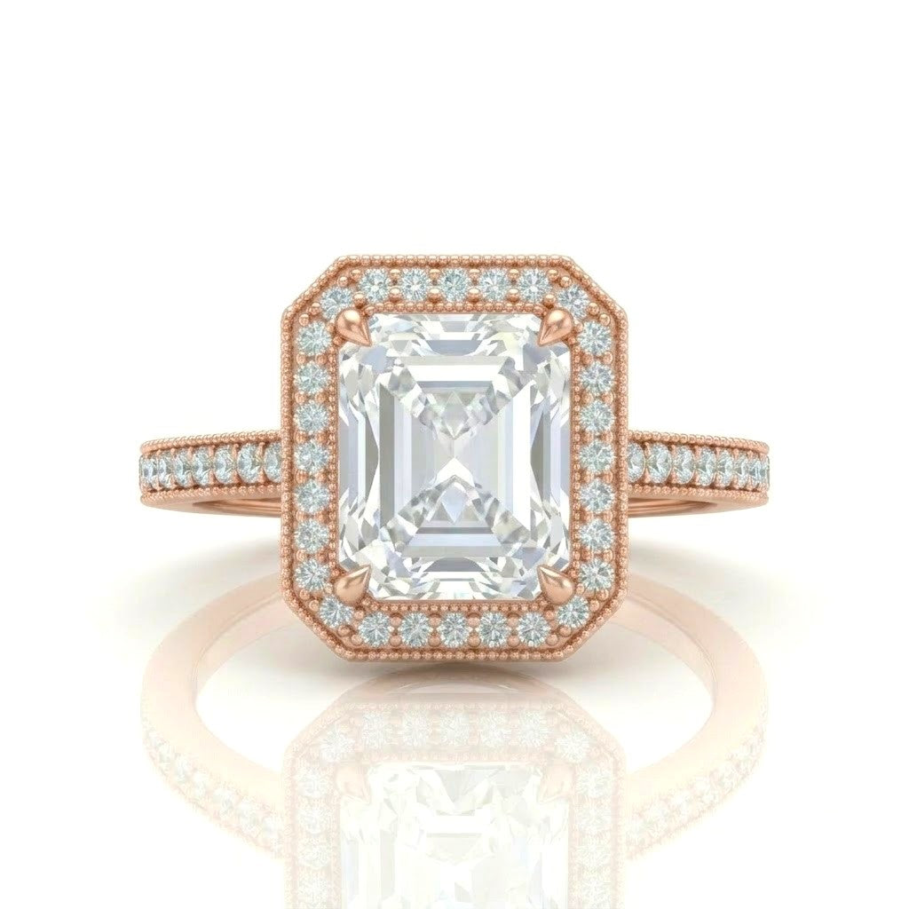 Rose Gold Radiant Diamond Halo Engagement Ring With Pave Band