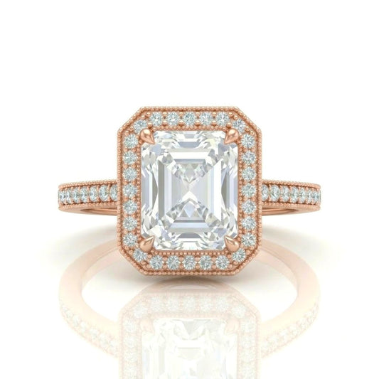 Rose Gold Radiant Diamond Halo Engagement Ring With Pave Band