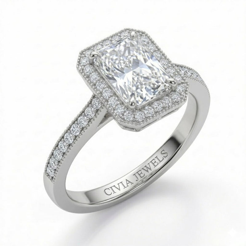 Silver Radiant Diamond Halo Engagement Ring With Pave Band
