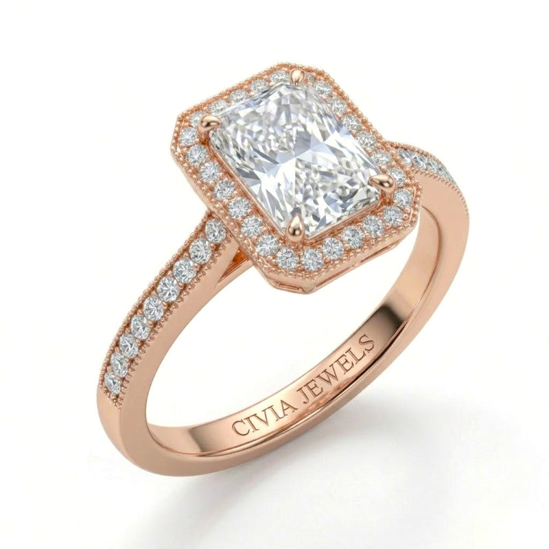 Rose Gold Radiant Diamond Halo Engagement Ring With Pave Band