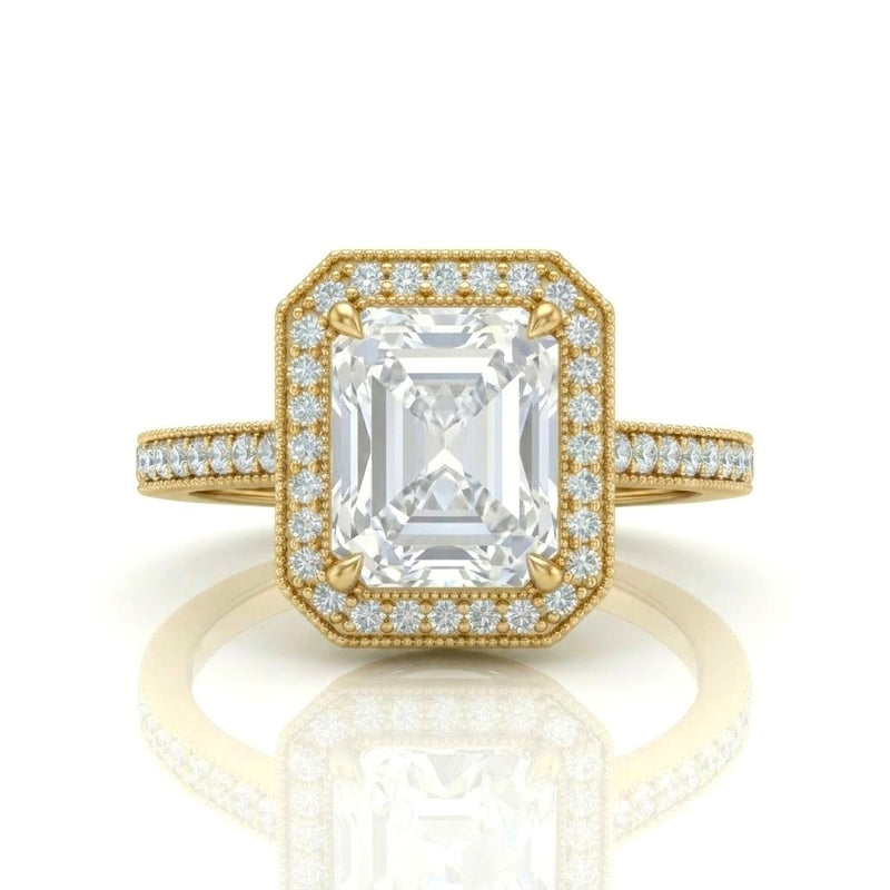 Yellow Gold Radiant Diamond Halo Engagement Ring With Pave Band