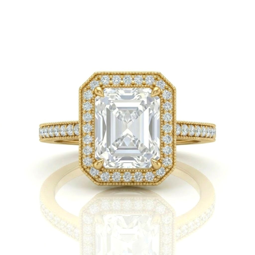 Yellow Gold Radiant Diamond Halo Engagement Ring With Pave Band