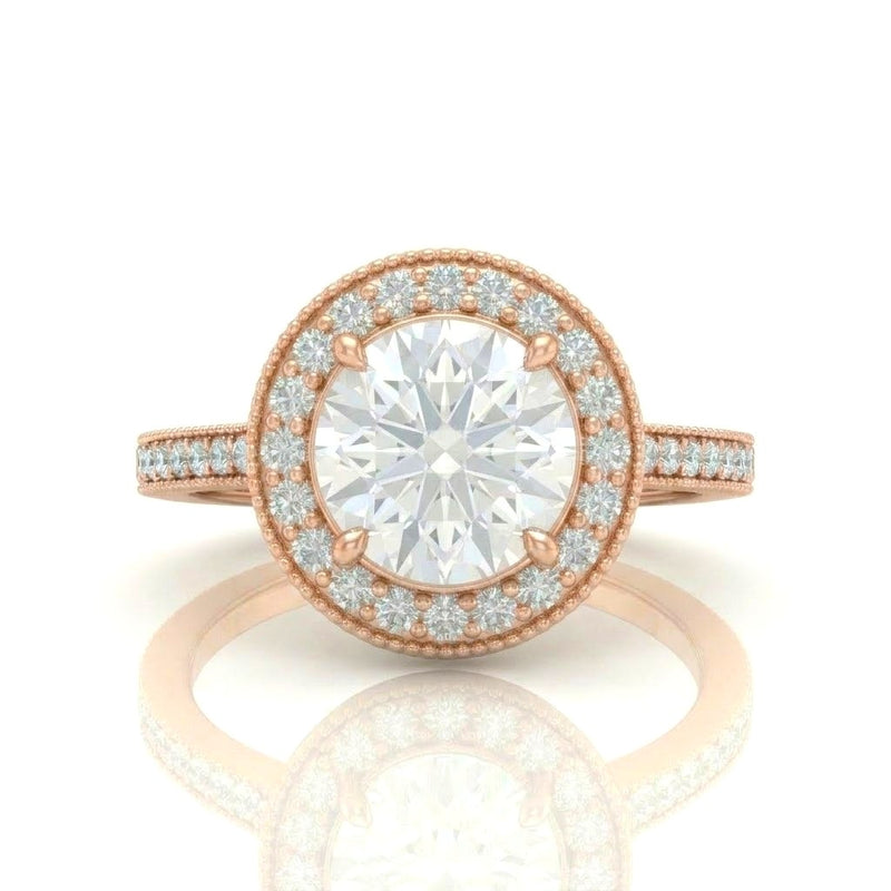 Rose Gold Round Diamond Halo Engagement Ring With Pave Band