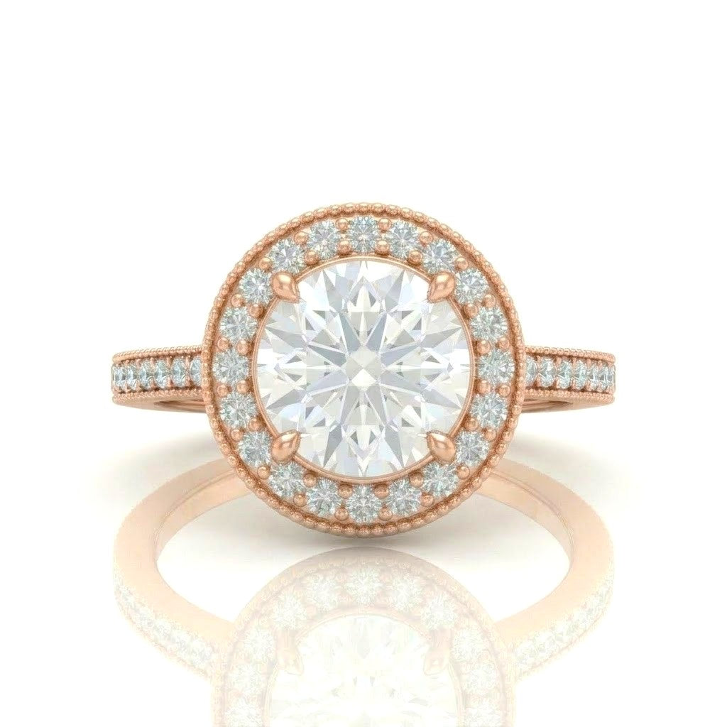 Rose Gold Round Diamond Halo Engagement Ring With Pave Band