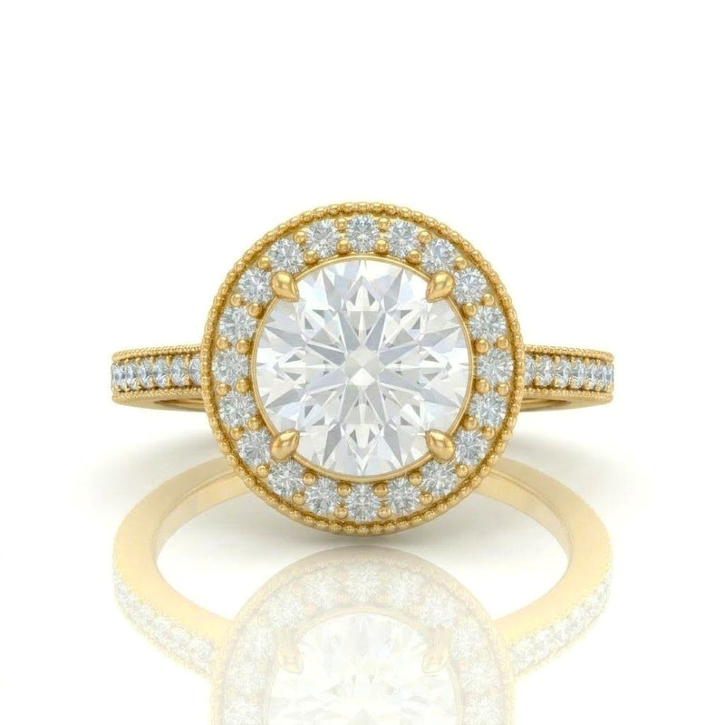 Yellow Gold Round Diamond Halo Engagement Ring With Pave Band