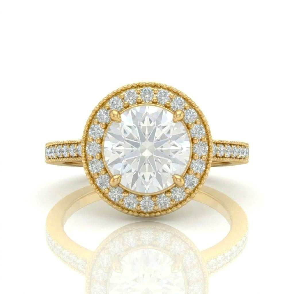 Yellow Gold Round Diamond Halo Engagement Ring With Pave Band