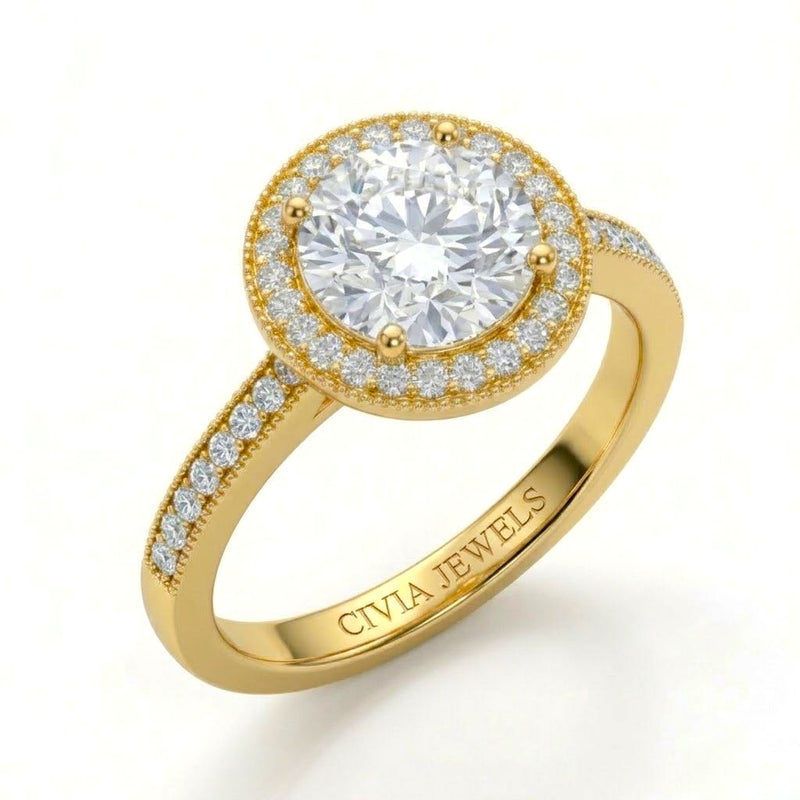 Yellow Gold Round Diamond Halo Engagement Ring With Pave Band