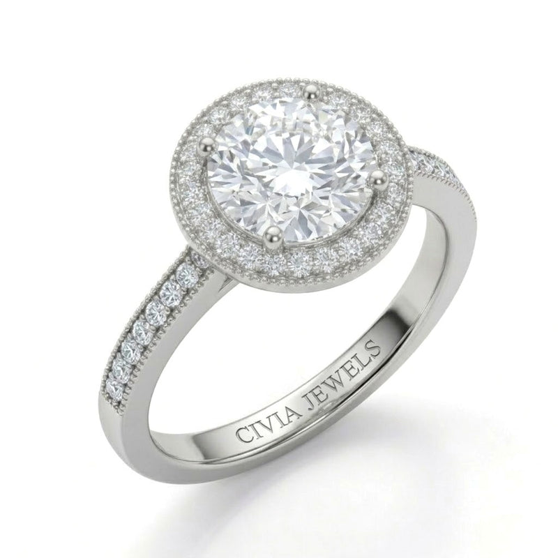 White Gold Round Diamond Halo Engagement Ring With Pave Band