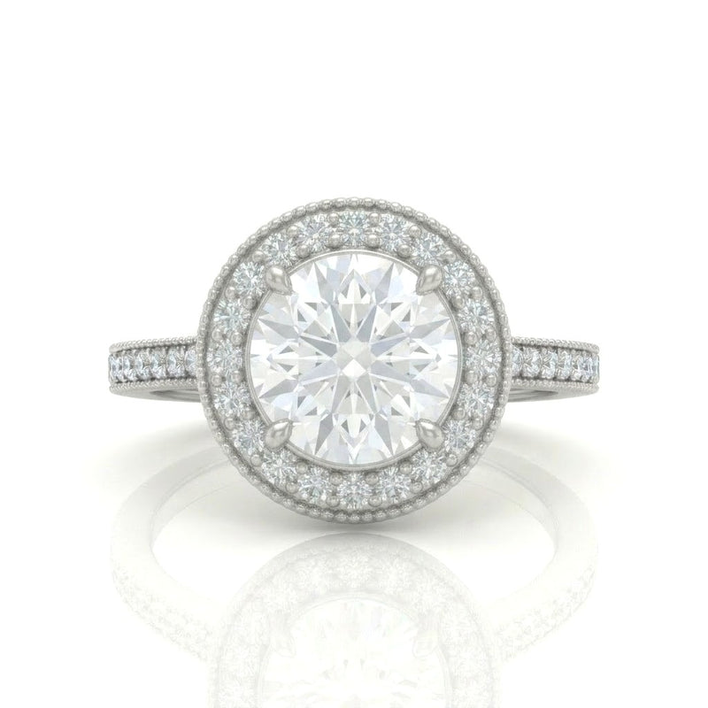 White Gold Round Diamond Halo Engagement Ring With Pave Band