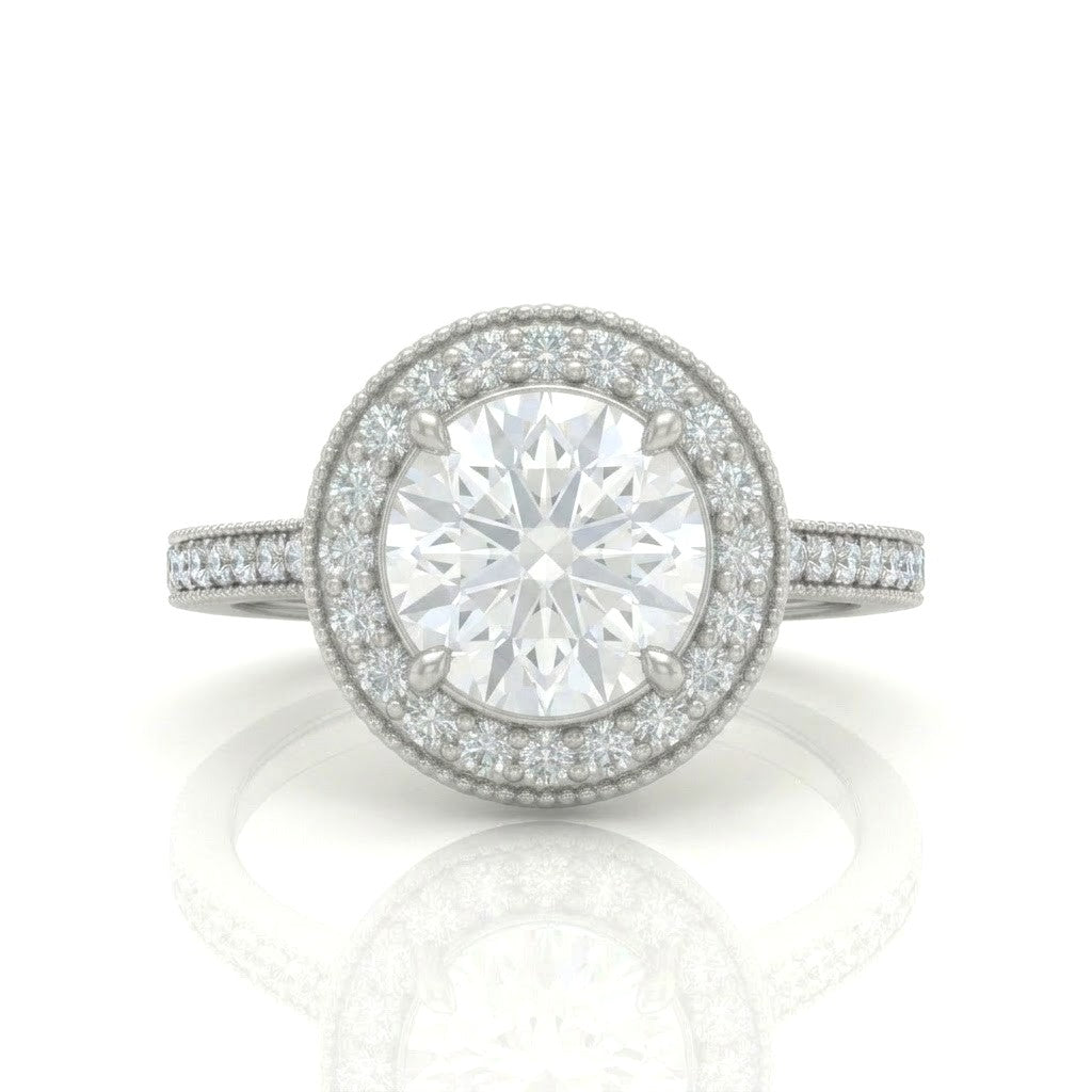 Silver Round Diamond Halo Engagement Ring With Pave Band