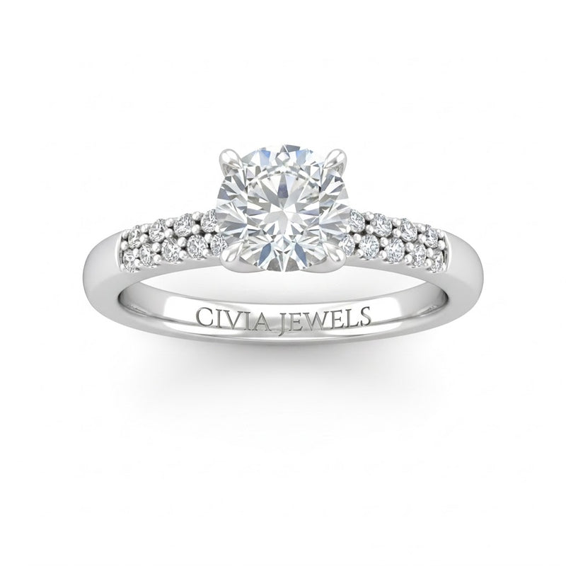 Silver Round Diamond Engagement Ring With Double Pavé Accent Band
