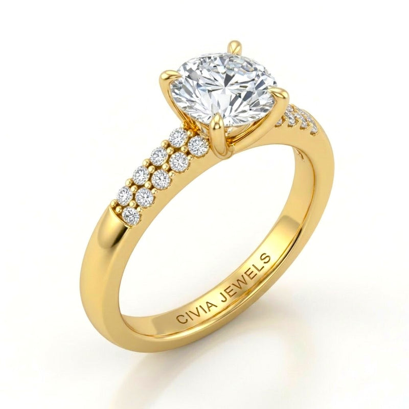 Yellow Gold Round Diamond Engagement Ring With Double Pavé Accent Band