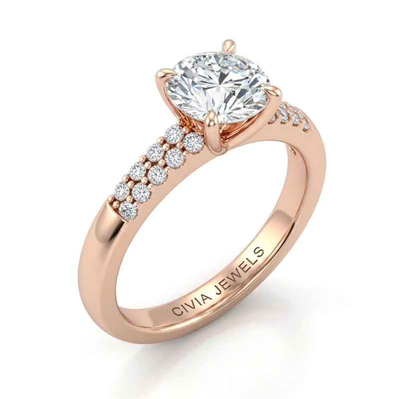 Rose Gold Round Diamond Engagement Ring With Double Pavé Accent Band