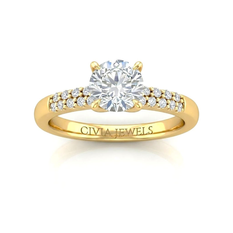 Yellow Gold Round Diamond Engagement Ring With Double Pavé Accent Band