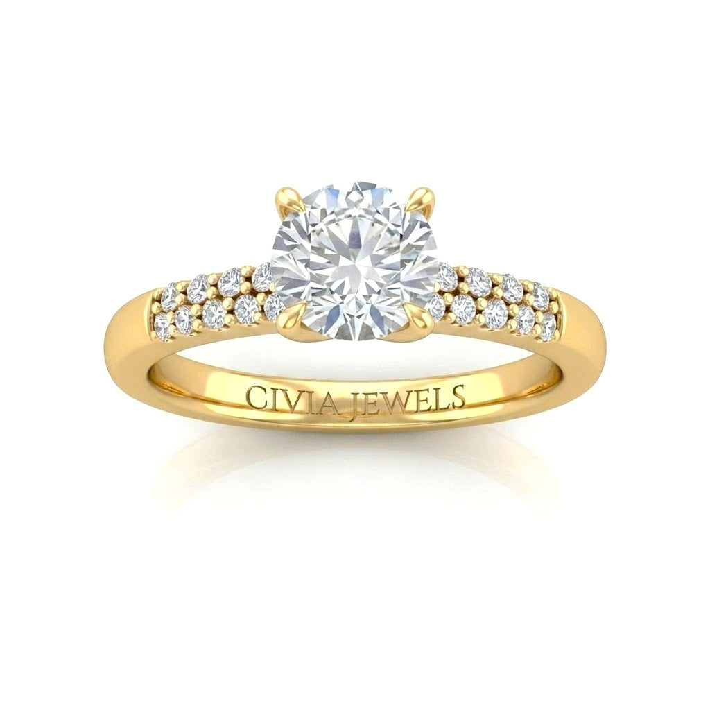 Yellow Gold Round Diamond Engagement Ring With Double Pavé Accent Band