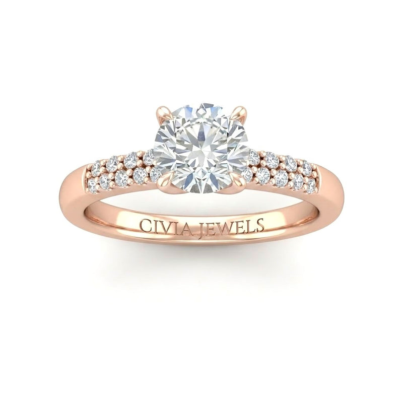 Rose Gold Round Diamond Engagement Ring With Double Pavé Accent Band