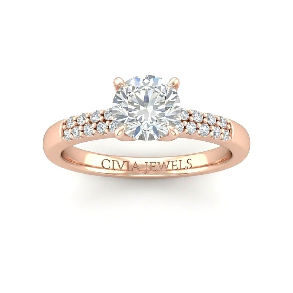 Rose Gold Round Diamond Engagement Ring With Double Pavé Accent Band