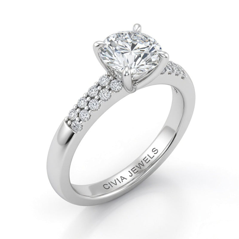 Silver Round Diamond Engagement Ring With Double Pavé Accent Band