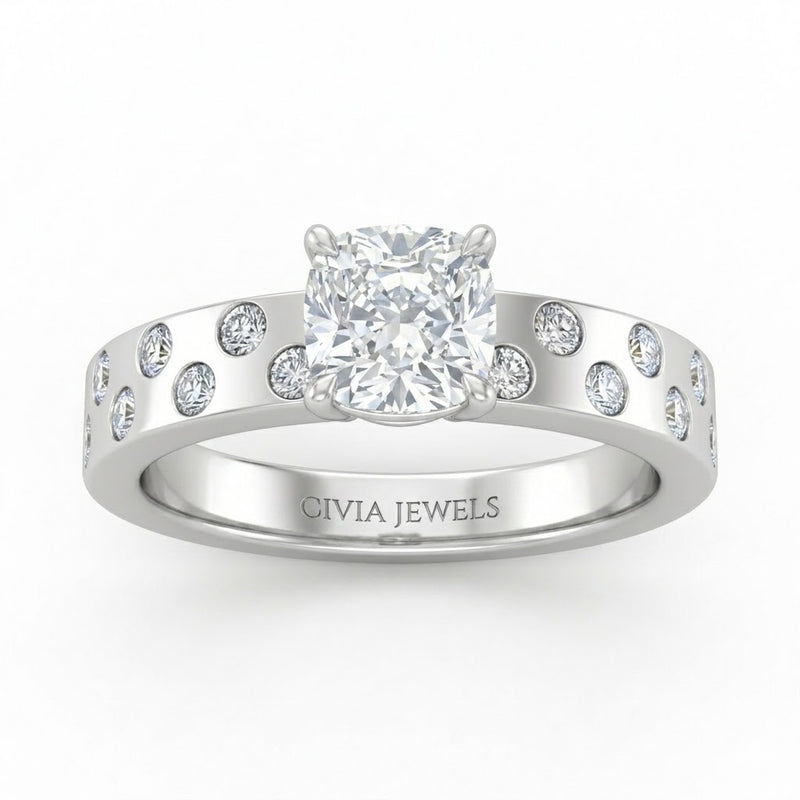 White Gold Cushion Diamond Scattered Engagement Ring With Flush Set Accent Band