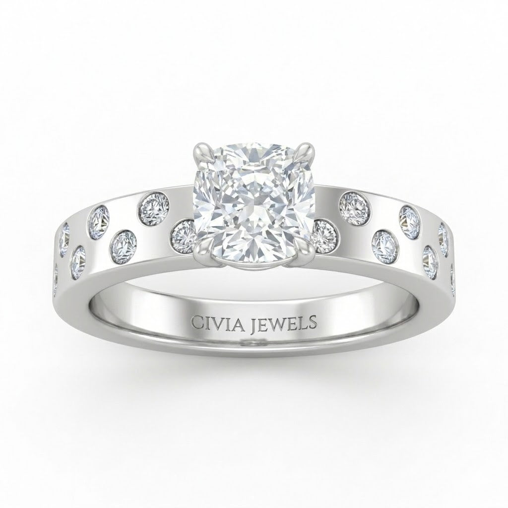 Silver Cushion Diamond Scattered Engagement Ring With Flush Set Accent Band