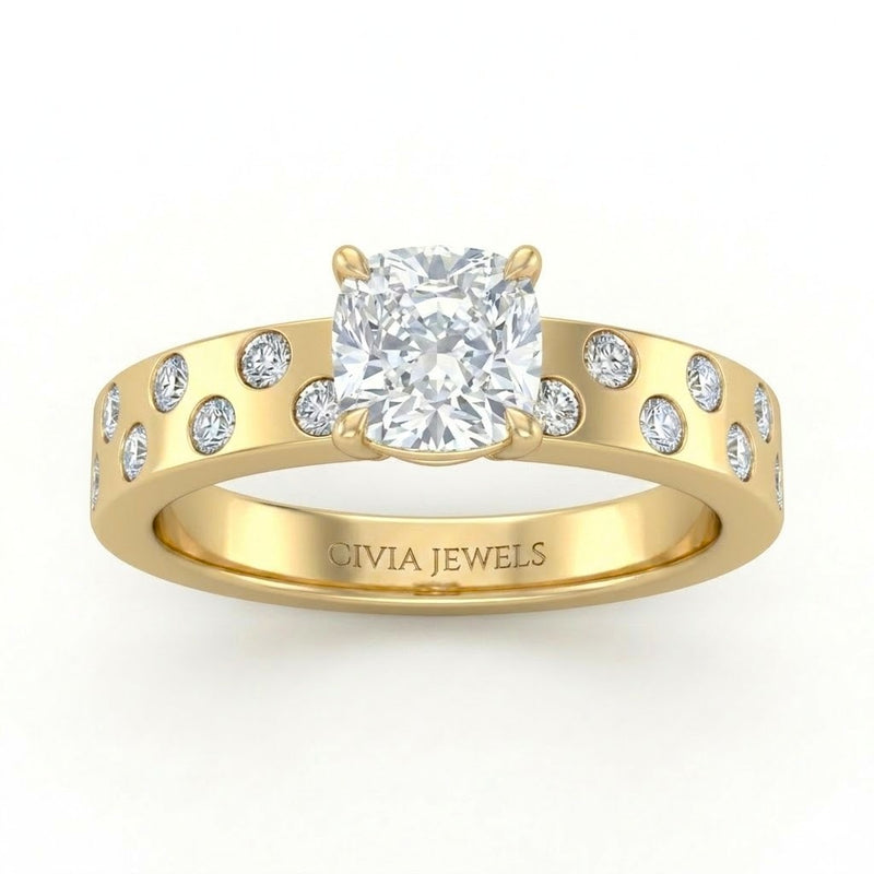 Yellow Gold Cushion Diamond Scattered Engagement Ring With Flush Set Accent Band