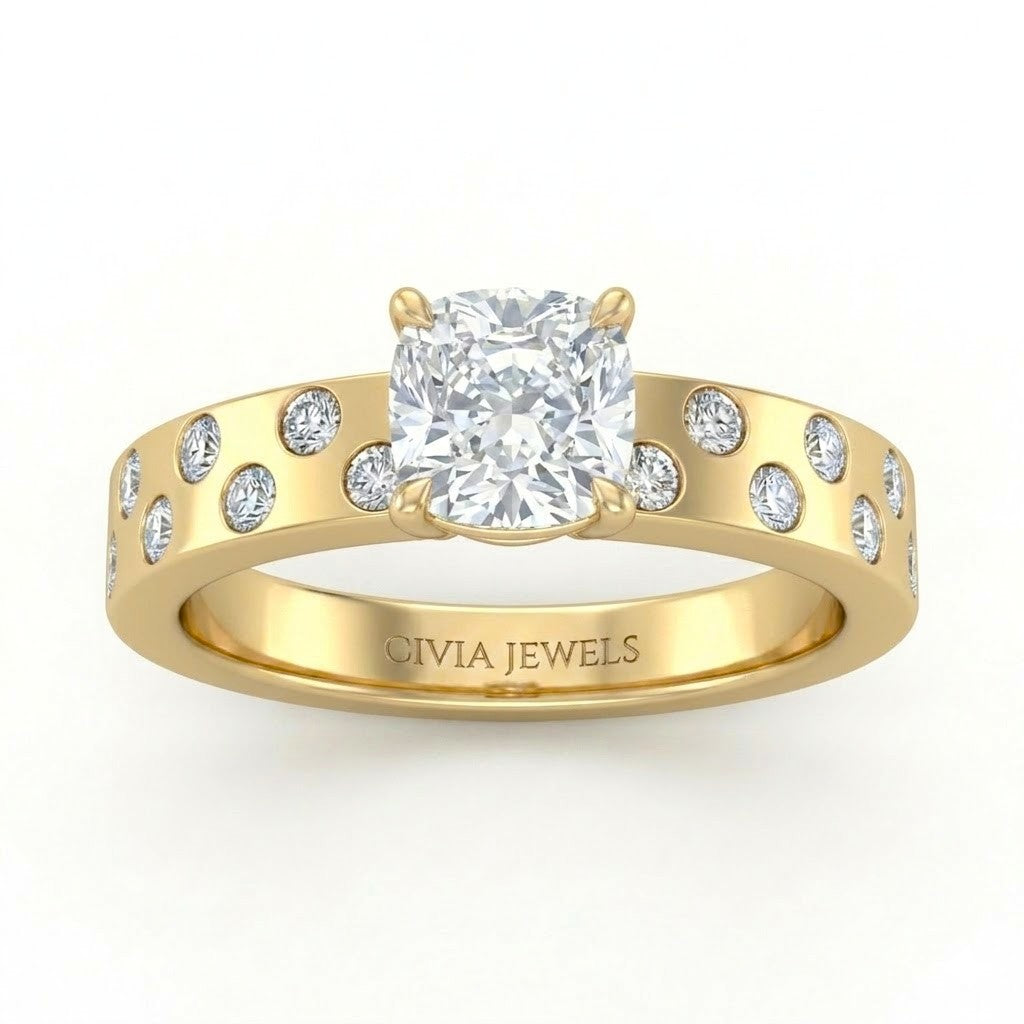 Yellow Gold Cushion Diamond Scattered Engagement Ring With Flush Set Accent Band