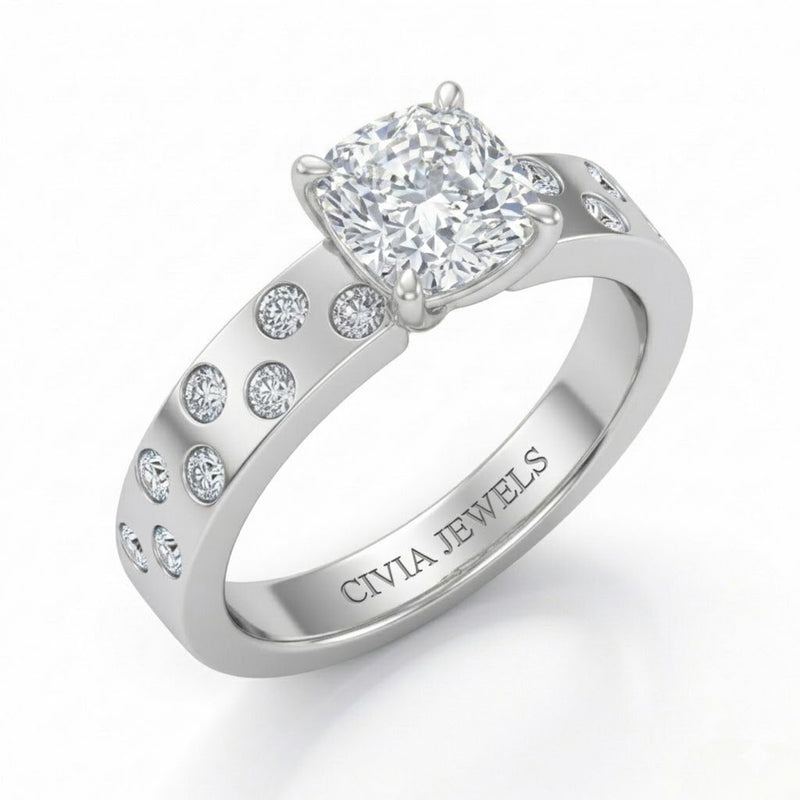 White Gold Cushion Diamond Scattered Engagement Ring With Flush Set Accent Band