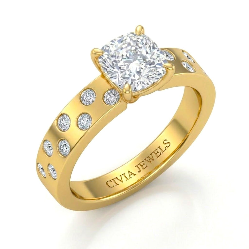 Yellow Gold Cushion Diamond Scattered Engagement Ring With Flush Set Accent Band