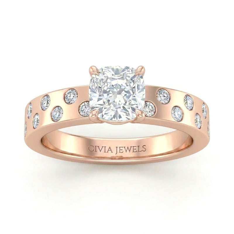 Rose Gold Cushion Diamond Scattered Engagement Ring With Flush Set Accent Band