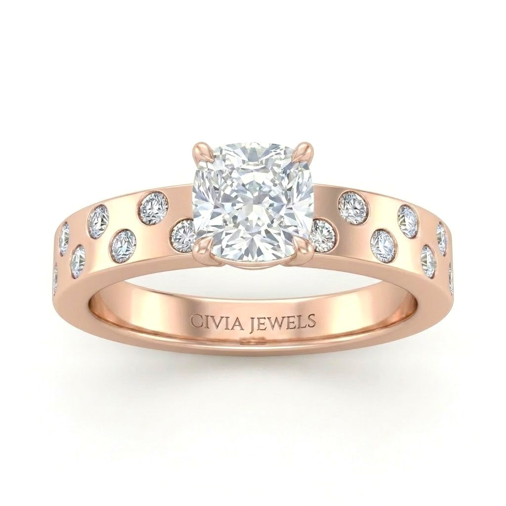 Rose Gold Cushion Diamond Scattered Engagement Ring With Flush Set Accent Band