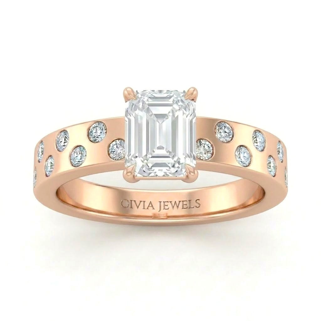 Rose Gold Emerald Diamond Scattered Engagement Ring With Flush Set Accent Band